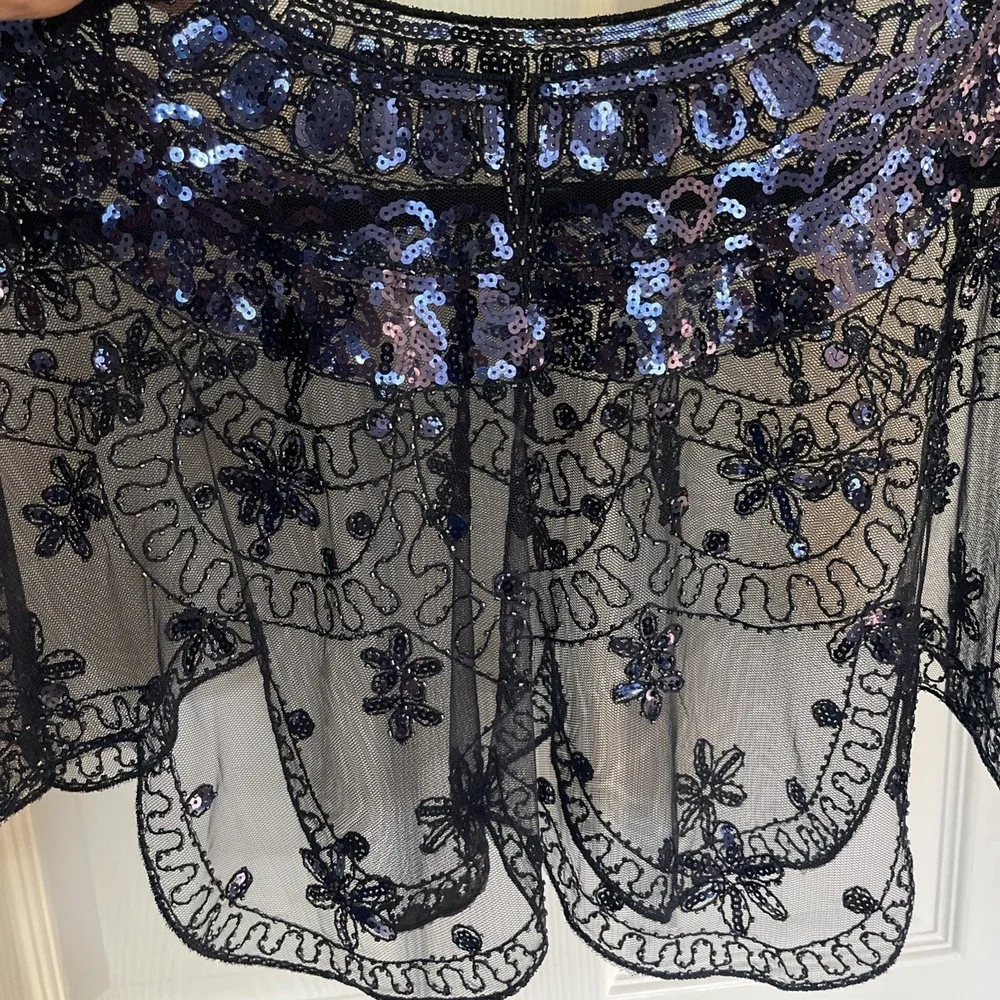Vtg Sequins Cape Art Deco  Bolero 1920s Gatsby Style Evening Flapper Shawl Navy